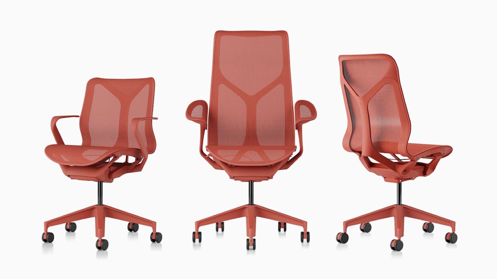 Cosm ergonomische Bürostühle mit niedriger Rückenlehne, hoher Rückenlehne und mittlerer Rückenlehne mit Federmaterialien, Untergestellen und Rahmen in Canyon-Rot.