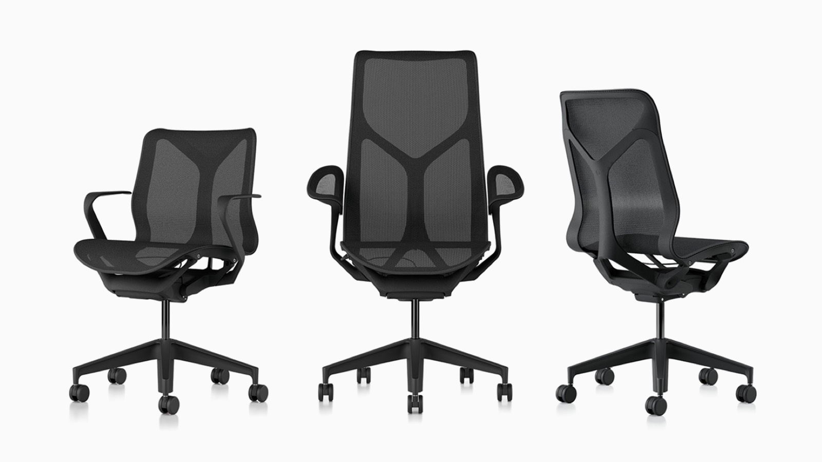 Cosm ergonomische Bürostühle mit niedriger Rückenlehne, hoher Rückenlehne und mittlerer Rückenlehne, mit Federmaterialien, Untergestellen und Rahmen in Graphite dunkelgrau.