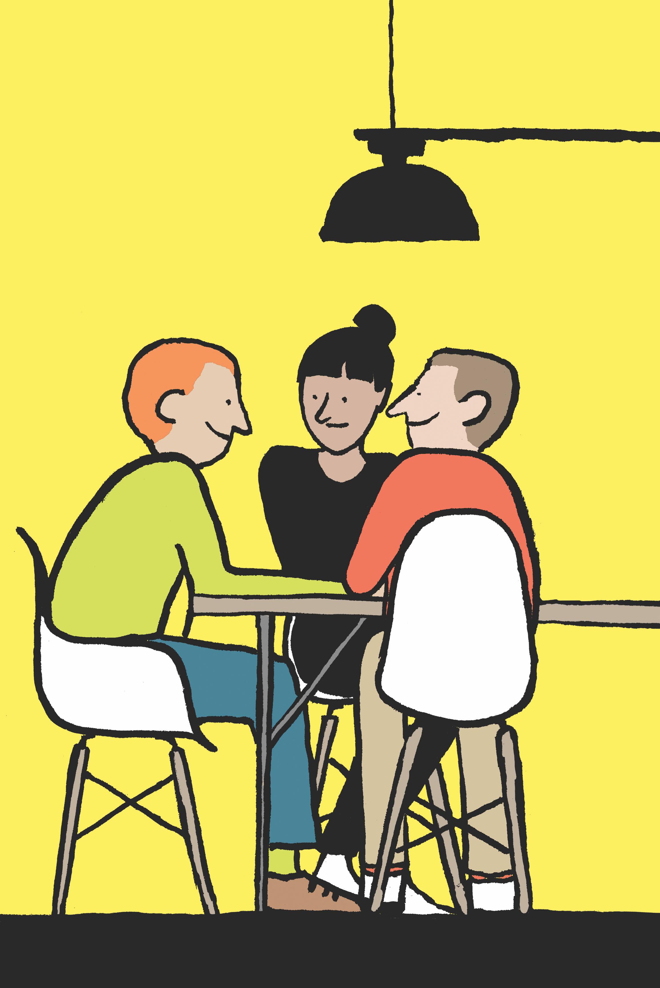 Eine Karikatur von zwei Männern und von einer Frau, die an einem Tisch gesetzt werden.