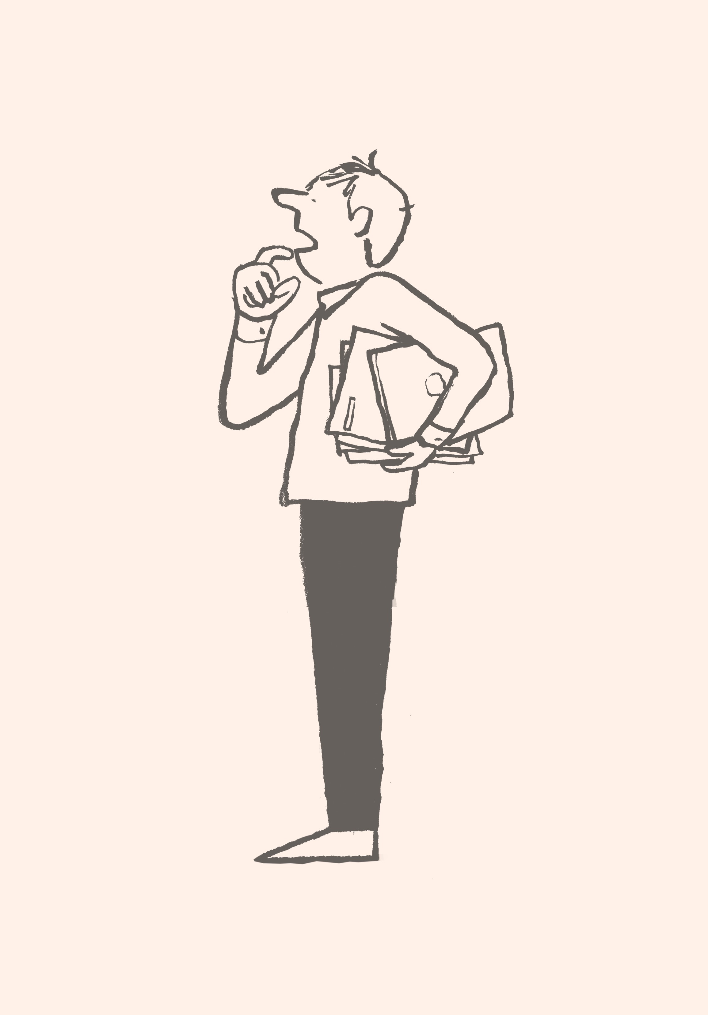 Eine Karikatur eines Mannes, der Konferenzmaterialien hält und verblüfft schaut.