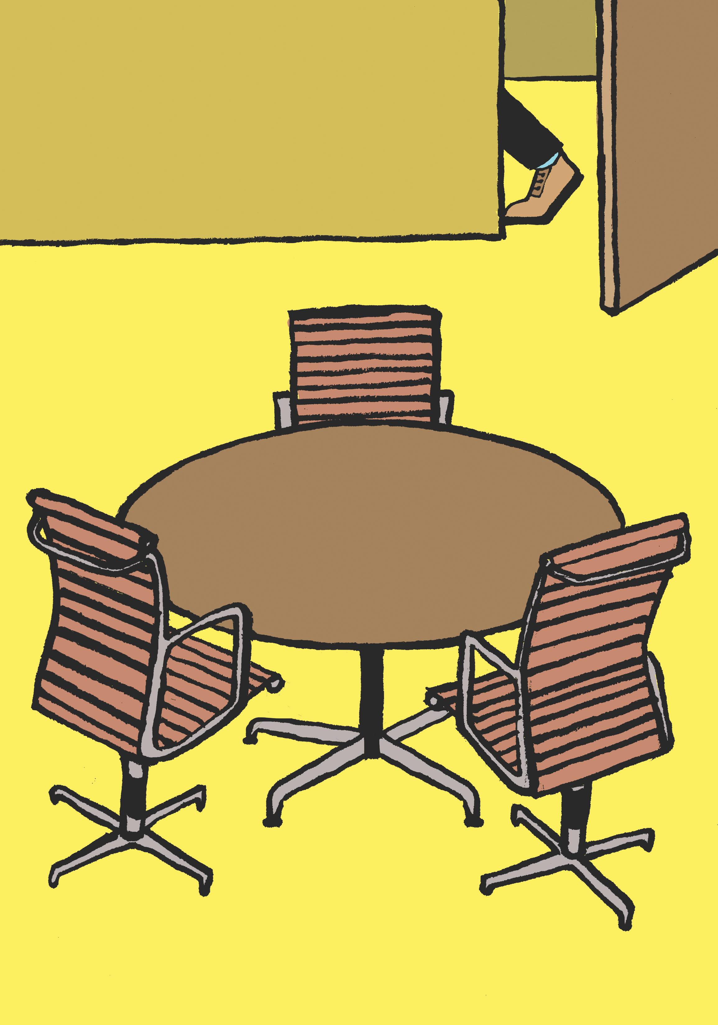 Eine Karikatur von drei Stühlen, die um einen runden Tisch in einem ansonsten leeren Sitzungsplatz aufgestellt werden.